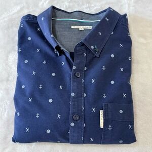 Marc Ecko Mens XL Navy Anchor Nautical Print Button Down Long Sleeve Shirt